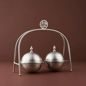 <b>Set</b> Of 2 Silver Finished Modern Metal Arabic Date Bowl <b>Set</b> Eco-Friendly Durable Kitchen Serveware with Lids And Stand - Product Image 1