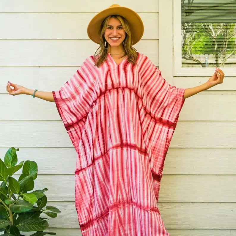 Trending Summer Style Tie Dye Printed Long Kaftan Maxi Dress Pink Handmade Plus Size Evening Resort Wear Dress at Bulk Price OEM