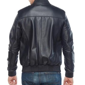Men's Genuine Sheepskin Leather Jacket <b>Blue</b> Casual Bomber Stand Collar Zipper Washed Technique Winter <b>Canvas</b> jacket for men - Product Image 1