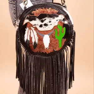 Cowgirl Ronde Western Koeienhuid Country Dames Luxe Sling Bag Met Hand Bewerkt Bloemen & Solitaire Design Klaar Om Tassen Op Te Slaan