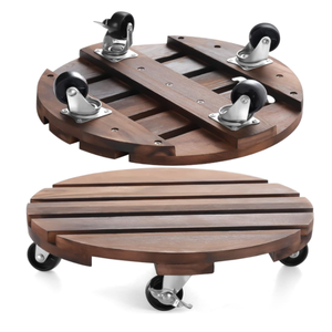 แคดดี้ไม้อะคาเซียทรงกลมเคลือบอีพ็อกซี่ล็อคได้รถเข็นสำหรับปลูกต้นไม้ร่วมสมัยหมุนได้360องศาสำหรับสวนในบ้าน - Product Image 4