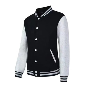 Men's Varsity <b>Jacket</b> <b>Black</b> Gray Sleeve Preppy Style Button Front Regular Fit Autumn Wear Turn-down Collar <b>Fleece</b> Lining - Product Image 1