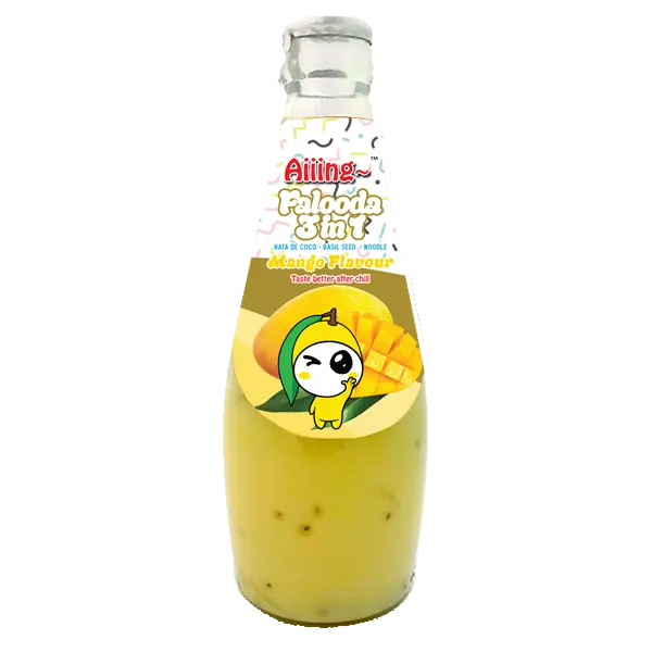 Aiiing Falooda 3 in 1 - Mango Flavour Falooda 3 in 1 Coconut Milk with Nata De Coco Basil Seed Noodles 290ml Glass Bottle