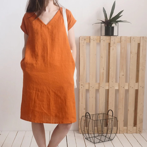 ชุดเดรสผ้าลินินสำหรับผู้หญิงชุดเดรสยาวแขนสั้นผ้าลินินขนาดใหญ่มีกระเป๋าผลิตในเวียดนาม - Product Image 1