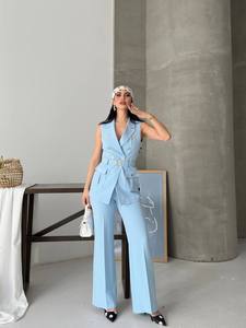 Women's Light Blue Sleeveless <b>Blazer</b> Vest With Wide Leg Trousers <b>Set</b> Formal Double Breasted Two Piece Suit Notched Collar - Product Image 3