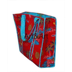 Grand sac fourre-tout vintage de haute qualité fait à la main pour femmes, design matelassé rouge, imprimé en bloc, poche ouverte, plage d'été, marché, shopping - Product Image 4