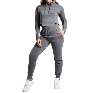 Haute qualité deux pièces femmes survêtement pull Gym haut court ensembles solide et concepteur imprimé survêtement à col à capuche - Product Image 1