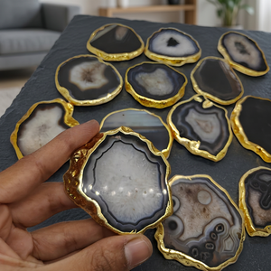 Black Agate <b>Coaster</b> <b>Gold</b> Plated Polished Large small size Natural <b>Coaster</b> Stone Agate Slices used for home decor By Rais Agate - Product Image 1