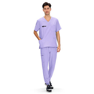 Uniforme d'infirmière en jean pour femme Jogger Suit Stretch Top Pantalon avec gommages multi-poches Col montant Manches courtes - Product Image 1
