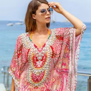 Digital Printed Hot Summer Resort Wear Knee Length Short Sleeves Kaftan <b>Dresses</b> - Product Image 1