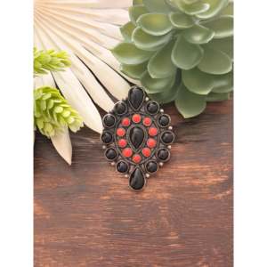 <b>Adjustable</b> Navajo Multi-Stone <b>Ring</b> Handmade with Sterling Silver & Coral Bezel Setting Inlay Everyday Wear - Product Image 1