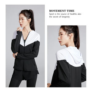 Abrigo de mujer Fitness Yoga deporte protección solar diseño con capucha bolsillo con cremallera diseño empalmado ligero cómodo abrigo de tela elástica - Product Image 5