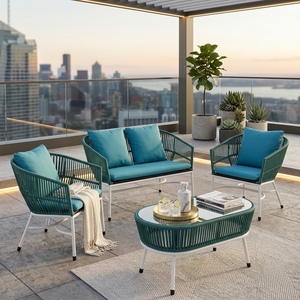 Blue Durable <b>Outdoor</b> Garden Furniture Set White Metal Frame Weaving <b>Rattan</b> <b>Sofa</b> Armchairs Glass Coffee Table Living Room Patio - Product Image 3