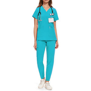 Conjuntos de uniformes de hospital personalizados de Enfermería de verano de color único decente, cuello alto, manga corta - Product Image 1