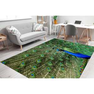 Alfombra con Estampado de Plumas de Pavo Real: Alfombra de Chenilla Verde Antideslizante 3D para Interiores con Diseño Animal - Product Image 2