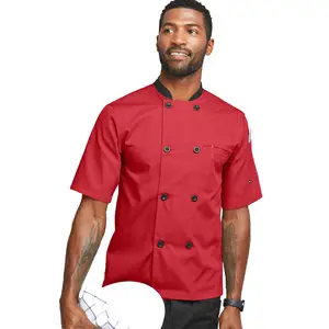 批发工厂制造的轻质红色男士双排扣厨师外套，带塑料纽扣定制帆布厨师夹克