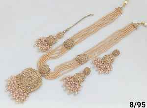 Joyería de mujer más de moda para la función de boda india CZ piedra tachonada con perla trabajo collar largo conjunto pendientes Mangtika conjunto - Product Image 6