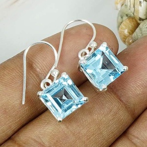 Forme carrée naturelle topaze bleue pierres précieuses bijoux faits à la main en argent Sterling 925 mode goutte crochet boucle d'oreille bijoux pour femmes - Product Image 3