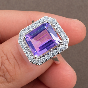 <b>Emerald</b> Cut Amethyst Cocktail <b>Ring</b> 925 Sterling <b>Silver</b> Rhodium Plated Pave Setting Women's Luxury Geometric Trendy Engagement - Product Image 5