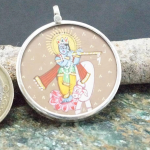 Krishna 925 pendentif en argent véritable peint à la main fleur conception artisanat religieux pour mariage et fête collier de fiançailles - Product Image 1