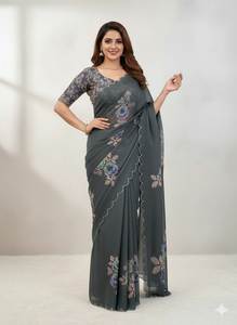 Sari de Seda Pura Ligero con Borde Estampado de Corte Elegante para Uso Diario y Fiestas de Oficina, con Pieza de Blusa, de SIE - Product Image 3