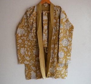 Kantha indien fait à la main faisant veste manteau robe bande bloc impression manteau court Boho avant ouvert veste matelassée Kimono robe femmes - Product Image 6