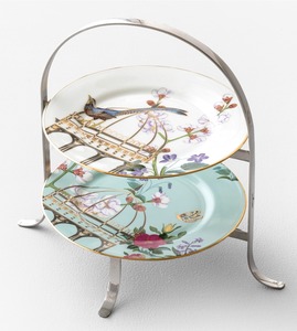 Élégant support à gâteau à 2 niveaux en métal avec poignée en métal argenté, plateau à gâteau en porcelaine à motif floral d'oiseaux pour un service de thé de luxe, cadeau - Product Image 1