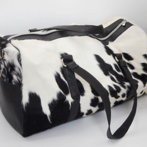 Black & <b>White</b> Cowhide Leather Duffel <b>Bag</b> Handmade Travel Weekender Zipper Closure Large Capacity Long <b>Shoulder</b> Straps for Unisex - Product Image 3