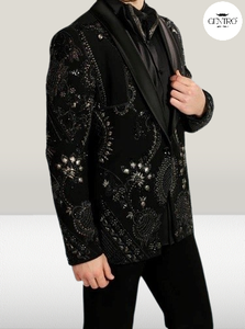 Traje Negro Bordado Entallado para Hombre para Fiestas, Eventos, Bordado Personalizado, Traje de Banquete de Boda para Hombre - Product Image 2