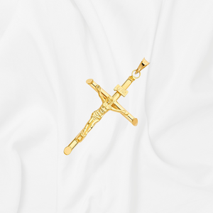 14K chapado en oro amarillo Jesús grabado Cruz colgante crucifijo encanto acabado polaco símbolo espiritual joyería fina - Product Image 4