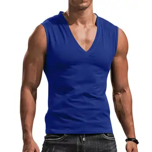 男士修身v领无袖t恤100% 棉针织运动健身背心透气实心背心热转印印花