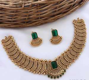 Traditional Antique Gold Choker Necklace Set with Green Stones & Matching Earrings Bridal Temple Jewelry - Product Image 3