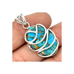 Pendentif de déclaration en cuivre et argent turquoises, pendentif Boho, pierres précieuses faites à la main, turquoises naturelles, 925, offre spéciale - Product Image 1