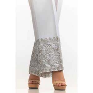 Pantalon large blanc 100% soie brute imprimé au bloc TR-24-23 taille haute respirant avec broderie décorative en tissu satiné - Product Image 2