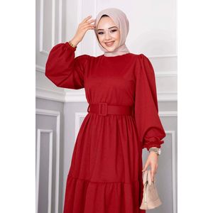 Beliz <b>Belted</b> Hijab Dress <b>Red</b> - Product Image 3