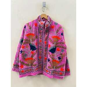 Orchid Pink Anaar Bloom Varsity Style Suzani Hand-Embroidered Velvet <b>Jacket</b> for Spring for Rust Sage & Indigo Florals Outerwear - Product Image 3