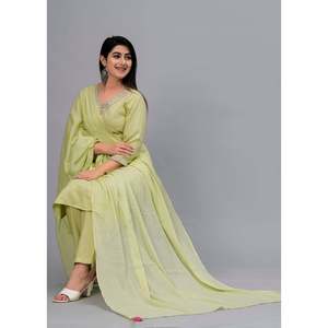 Ensemble Kurta en Chiffon Brodé Uni Olive pour Femme avec Pantalon et Dupatta - Product Image 1