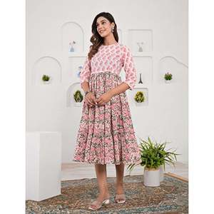 Vestido Casual Beige de Algodón Estampado, Transpirable, Talla XS, Diseño Personalizado, Largo hasta el Suelo, Elegante para Eventos Diurnos y Uso en el Hogar, Natural - Product Image 3