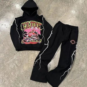 Conjunto personalizado de pantalones apilados para correr, chándal de 2 piezas, Sudadera con capucha bordada desgastada y conjuntos de pantalones de chándal Acampanados para hombres - Product Image 6