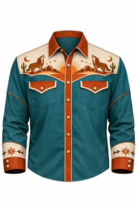Chemise Western Cowboy Unisexe à Manches Longues Brodé Style Rodeo Boutonnée Vintage Décontractée Coupe Slim avec Passepoil Contrastant Personnalisable OEM - Product Image 1