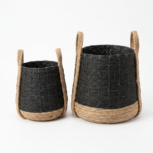 Natural Banana Bark Recycled <b>Plastic</b> <b>Basket</b> Set Black Cone Two Tone Strap Handle Belly Planter Pure Art Setup Room Decor Craft - Product Image 1