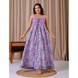 Robe en coton imprimée à bretelles spaghetti, violet et blanc, taille empire élégante et décontractée, respirante, taille unique 5XL pour la journée - Product Image 6