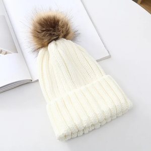 Gorro de piel sintética de punto de invierno de lujo, gorro extraíble con pompón y puntos, logotipo personalizado, Material acrílico grueso, gorro Bobble, bolsa Opp - Product Image 2