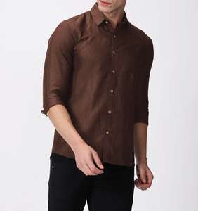 Camisa Casual de Lino/Algodón para Hombre, Manga Larga, Color MARRÓN, Cuello Clásico, Teñido Liso, Ecológica, Antiencogimiento, Secado Rápido, Verano - Product Image 1