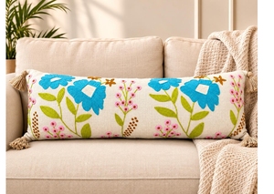 Funda de Cojín Lumbar Bordada a Mano con Diseño Floral de Algodón, con Borlas en las Esquinas, Color Turquesa, para Decoración de Sofá - Product Image 5