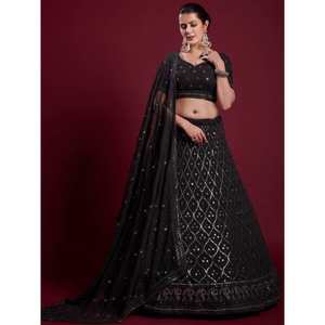 Lehenga Choli Negro de Georgette con Bordado de Hilo y Gota Patti, Conjunto de Boda para Mujer, Listo para Usar - Product Image 6
