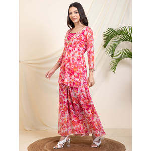 Deebaco Ensemble coordonné ethnique en mousseline pour femme, tunique longue florale avec crop top et pantalon palazzo, tenue de soirée estivale - Product Image 4
