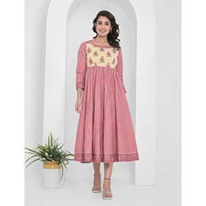 Pink Block Printed Long Cotton Anarkali Dress with Breathable Long Sleeves - Product Image 1