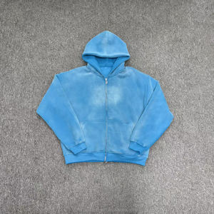 Custom Black Vintage Wash <b>Fleece</b> Hoodie <b>Jacket</b> Unisex Winter Solid 100% Cotton Boxy Style Anti-Pilling Drop Shoulder Acid Washed - Product Image 4