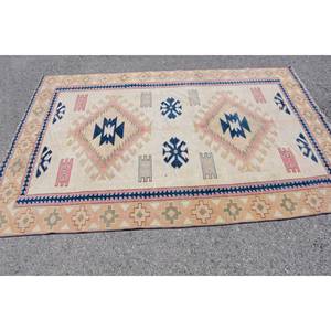 Alfombra clásica Beige Black Kilim 5,1X7,5 pies Tejido plano de lana hecho a mano con diseño Jacquard Estilo de retazos para pasillo Rectángulo - Product Image 3